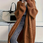Women's Chunky Cable Knit Longline Cardigan with Open Front and Pockets