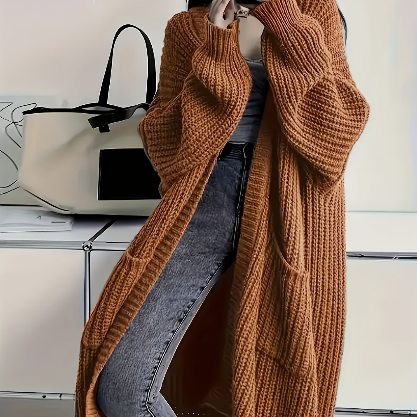 Women's Chunky Cable Knit Longline Cardigan with Open Front and Pockets