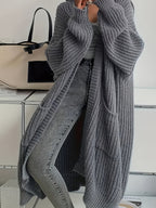 Women's Chunky Cable Knit Longline Cardigan with Open Front and Pockets