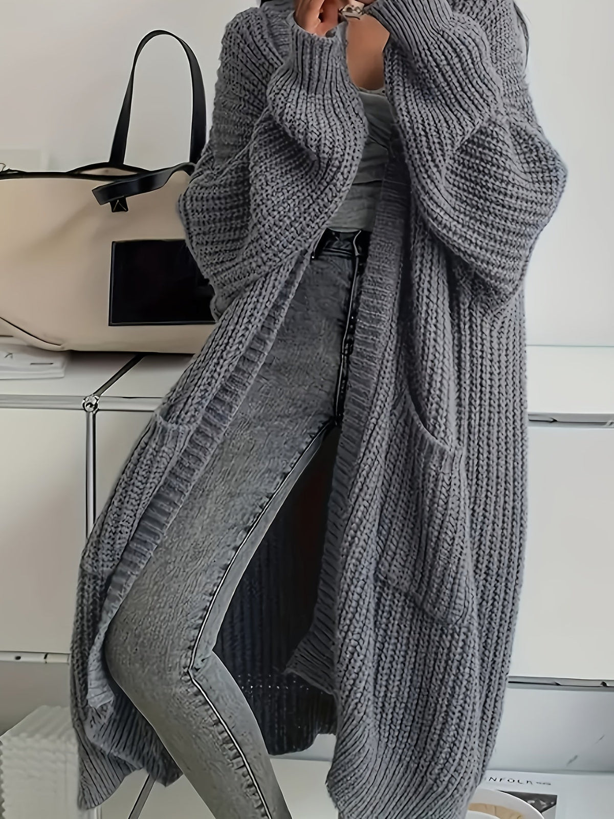 Women's Chunky Cable Knit Longline Cardigan with Open Front and Pockets