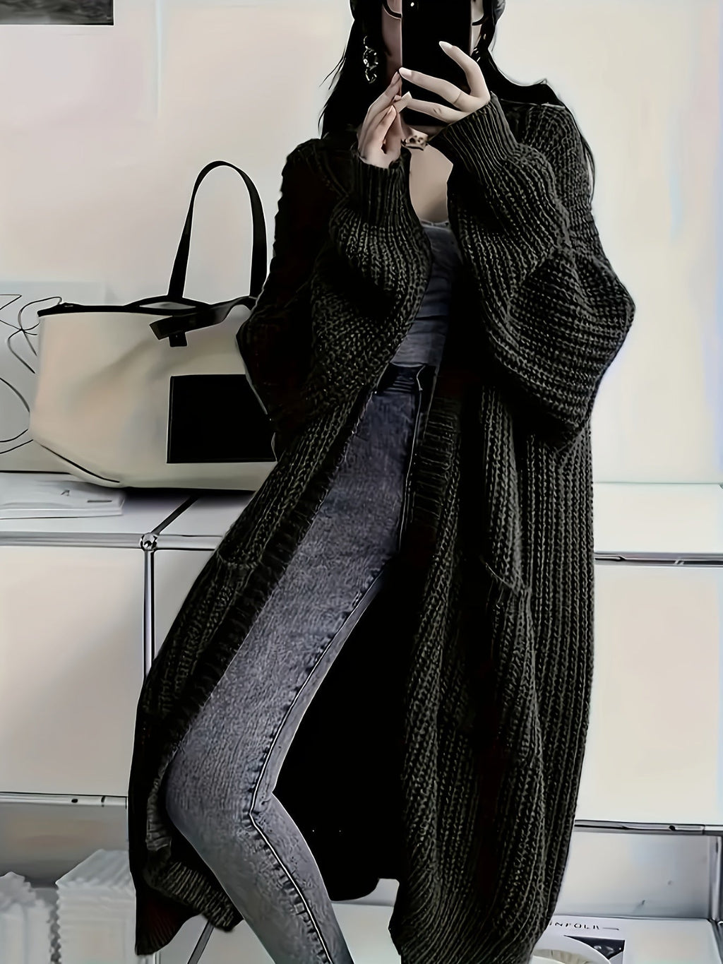 Women's Chunky Cable Knit Longline Cardigan with Open Front and Pockets