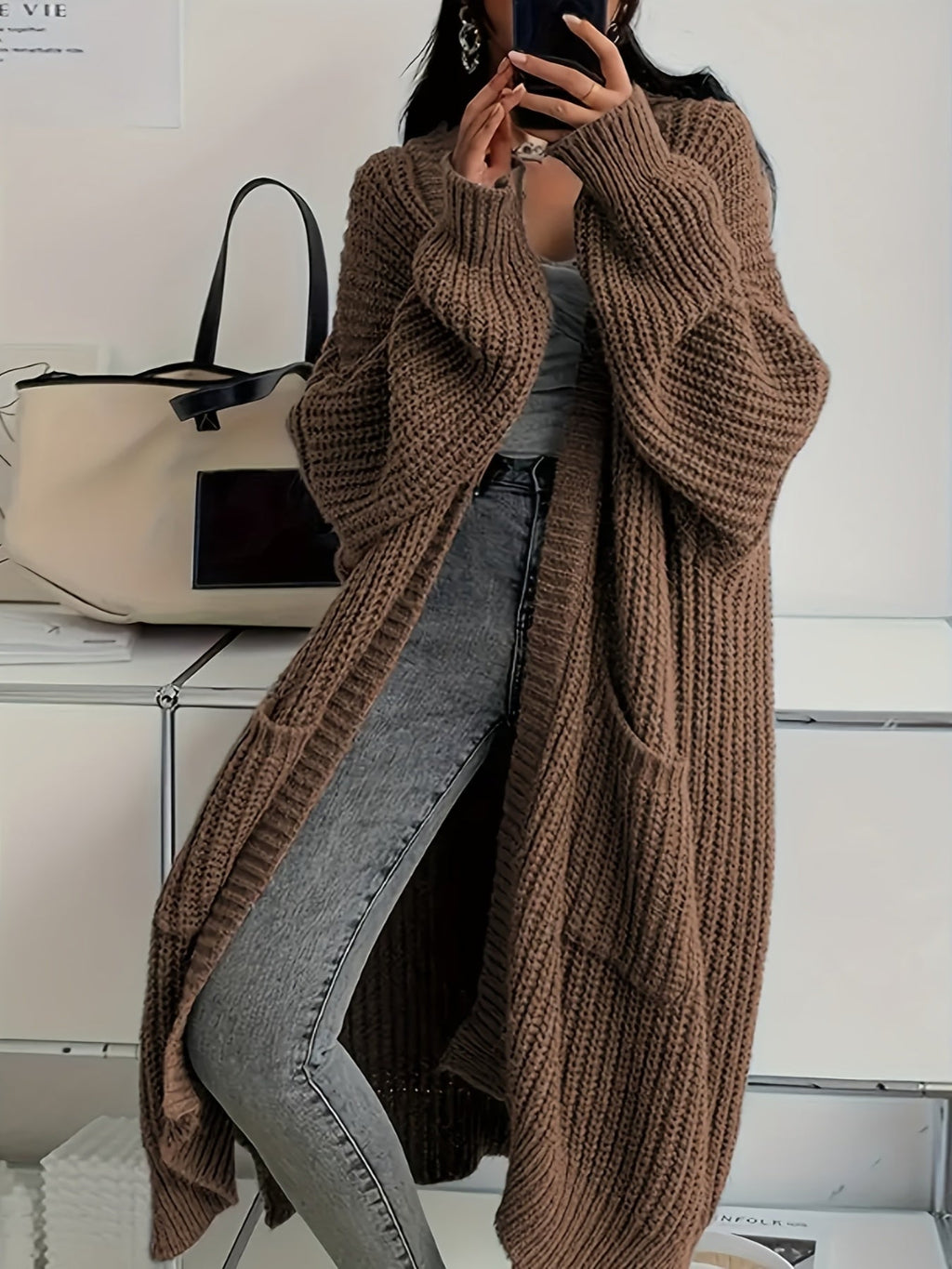 Women's Chunky Cable Knit Longline Cardigan with Open Front and Pockets