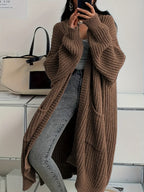 Women's Chunky Cable Knit Longline Cardigan with Open Front and Pockets