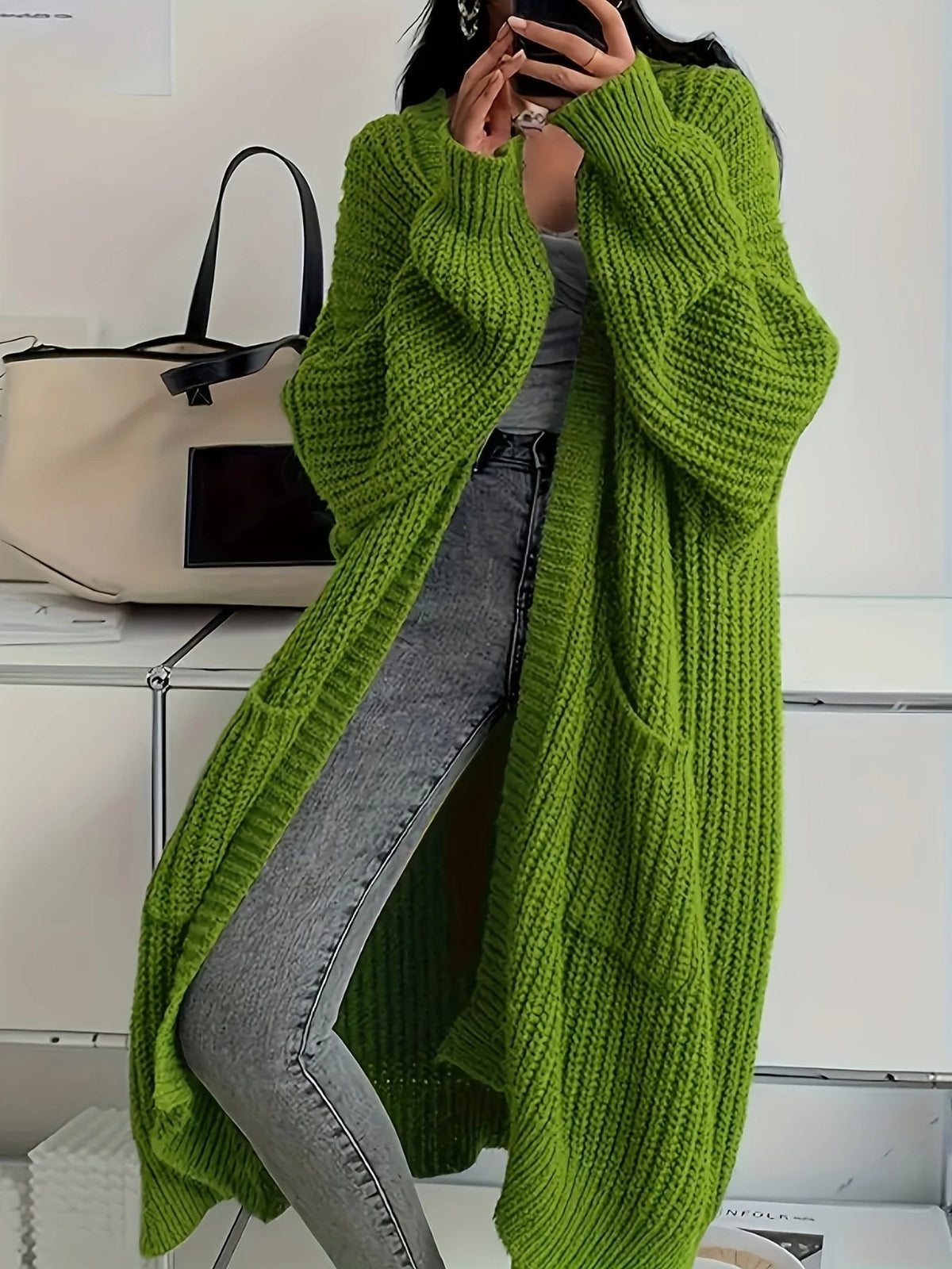 Women's Chunky Cable Knit Longline Cardigan with Open Front and Pockets
