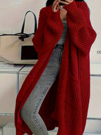 Women's Chunky Cable Knit Longline Cardigan with Open Front and Pockets