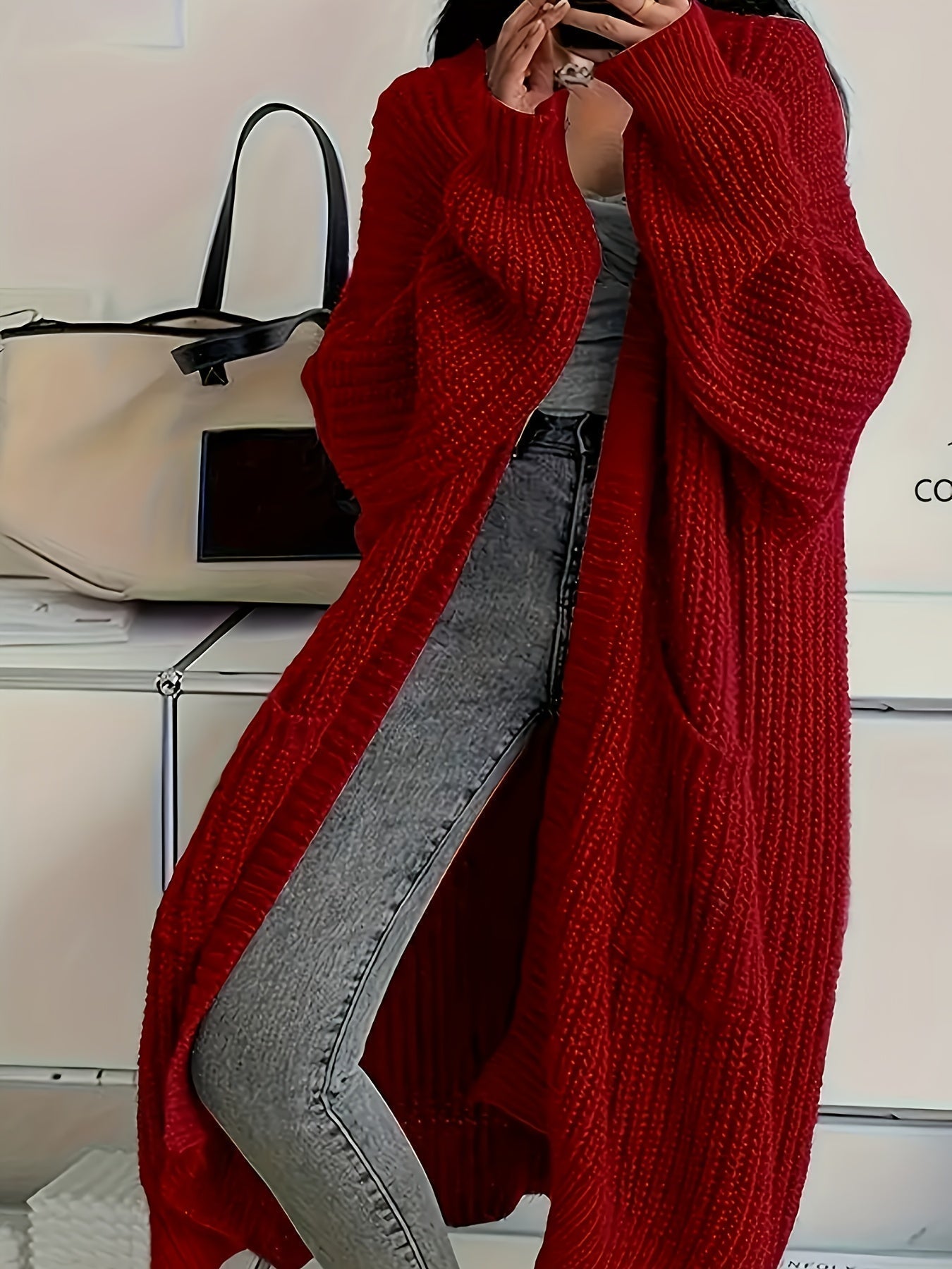 Women's Chunky Cable Knit Longline Cardigan with Open Front and Pockets
