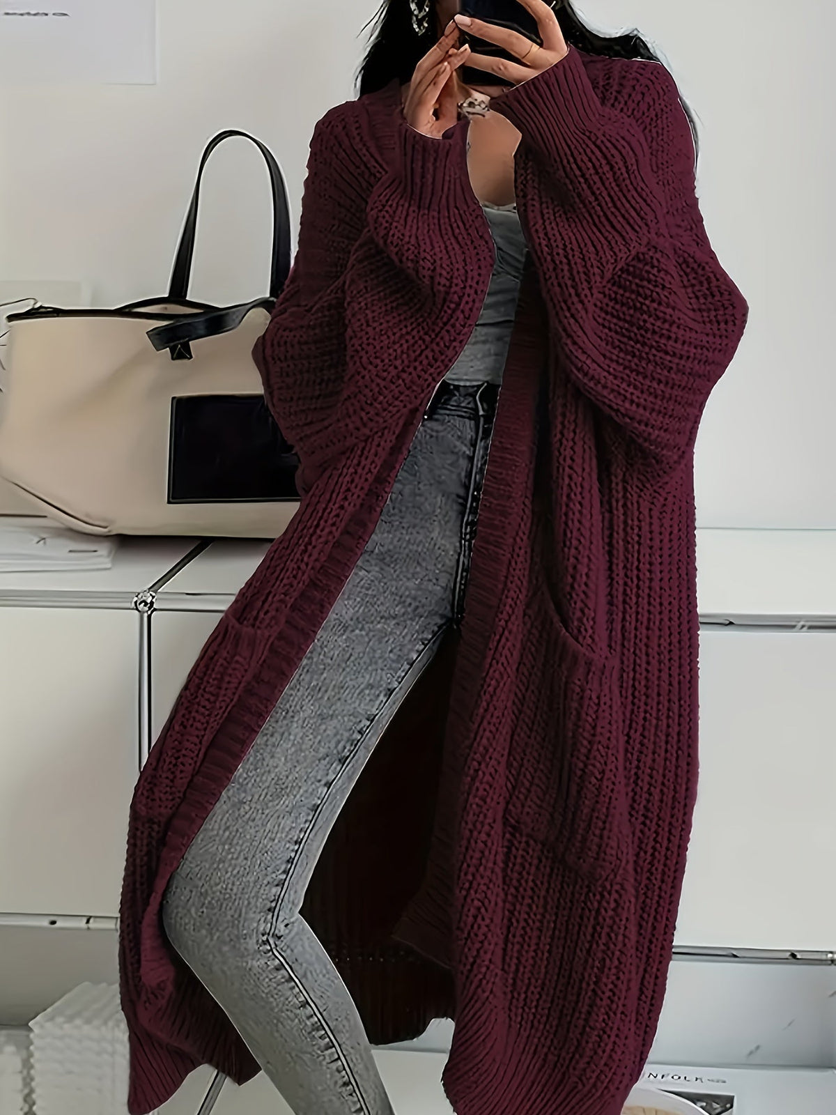Women's Chunky Cable Knit Longline Cardigan with Open Front and Pockets