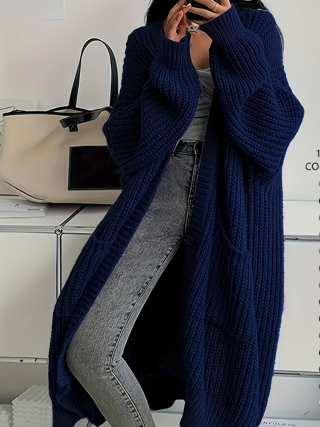 Women's Chunky Cable Knit Longline Cardigan with Open Front and Pockets
