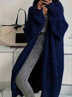 Women's Chunky Cable Knit Longline Cardigan with Open Front and Pockets