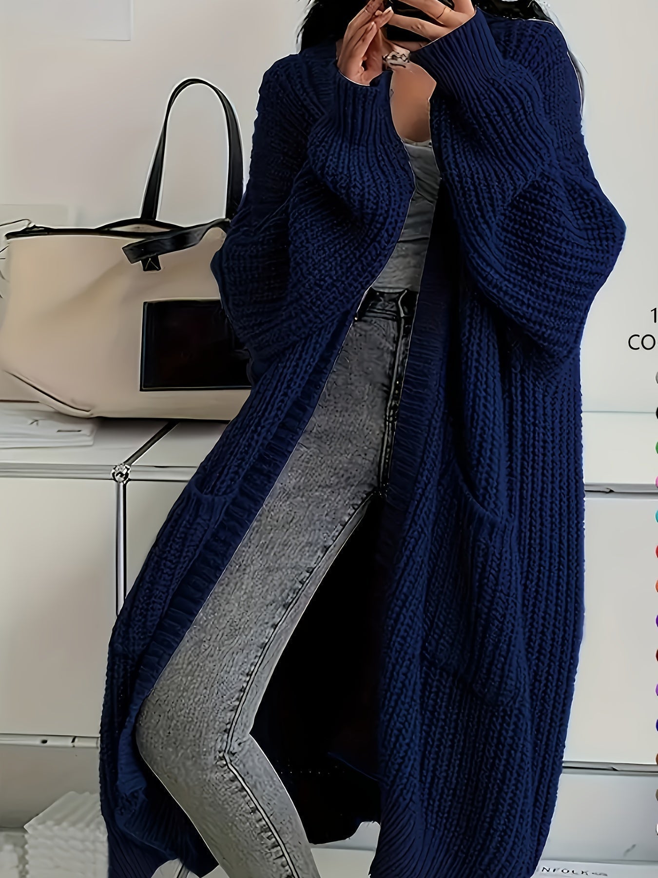 Women's Chunky Cable Knit Longline Cardigan with Open Front and Pockets