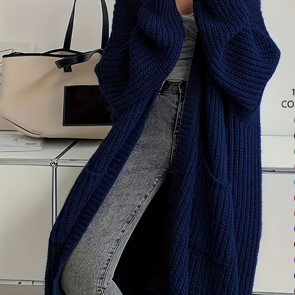 Women's Chunky Cable Knit Longline Cardigan with Open Front and Pockets