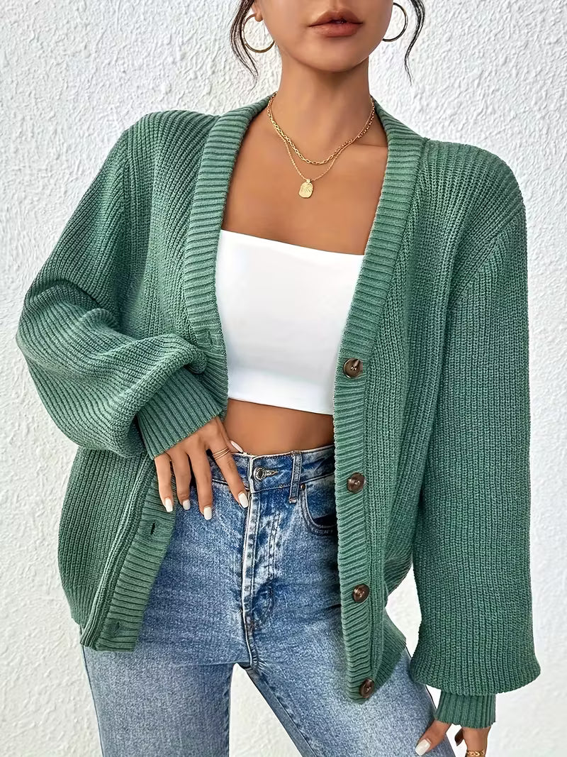 Women's Chunky Ribbed Knit Cardigan with V-Neck