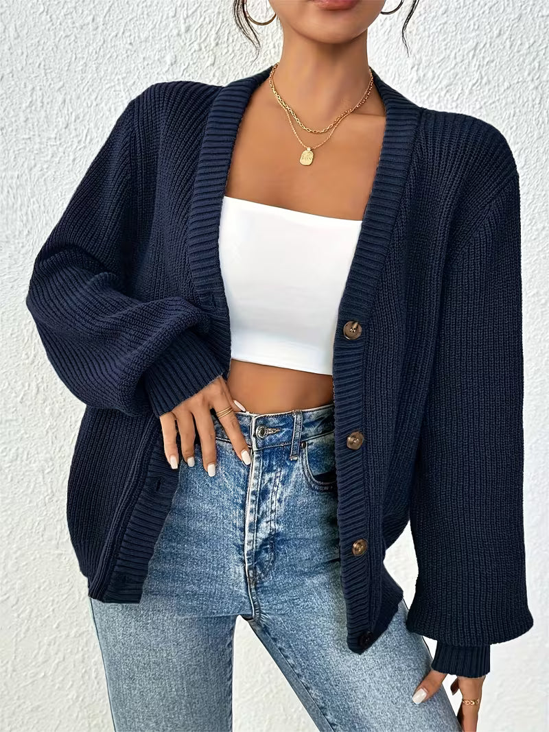 Women's Chunky Ribbed Knit Cardigan with V-Neck