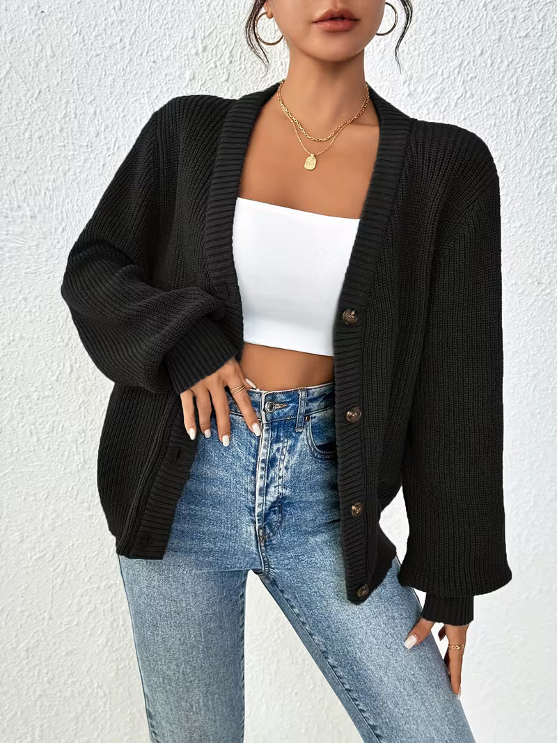 Women's Chunky Ribbed Knit Cardigan with V-Neck