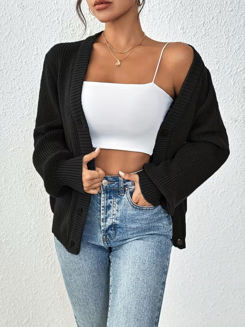 Women's Chunky Ribbed Knit Cardigan with V-Neck