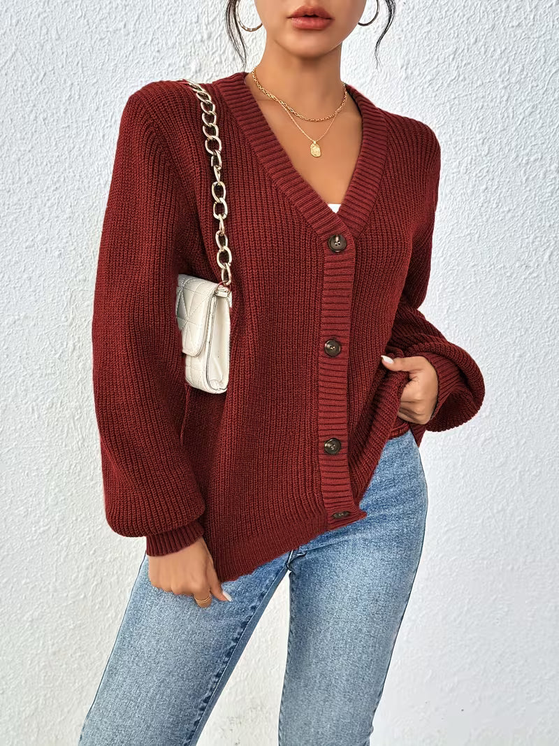 Women's Chunky Ribbed Knit Cardigan with V-Neck