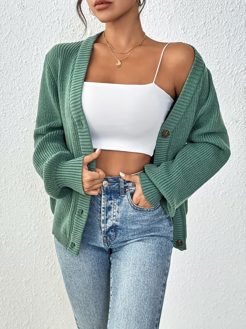 Women's Chunky Ribbed Knit Cardigan with V-Neck