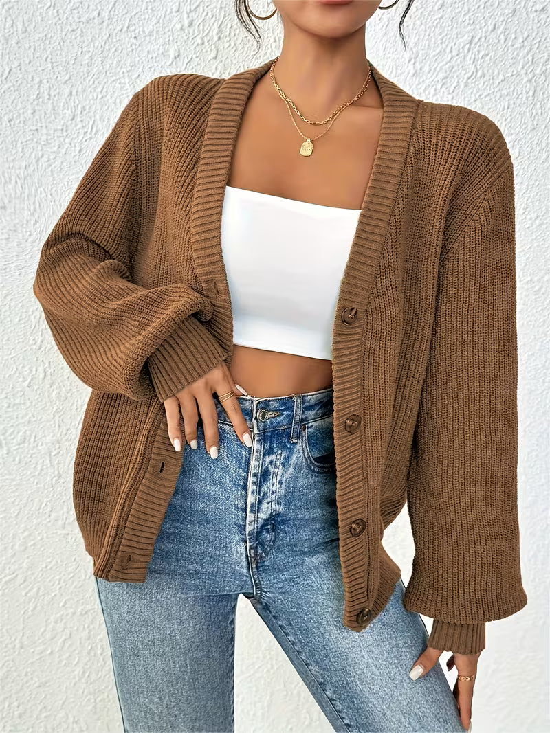 Women's Chunky Ribbed Knit Cardigan with V-Neck