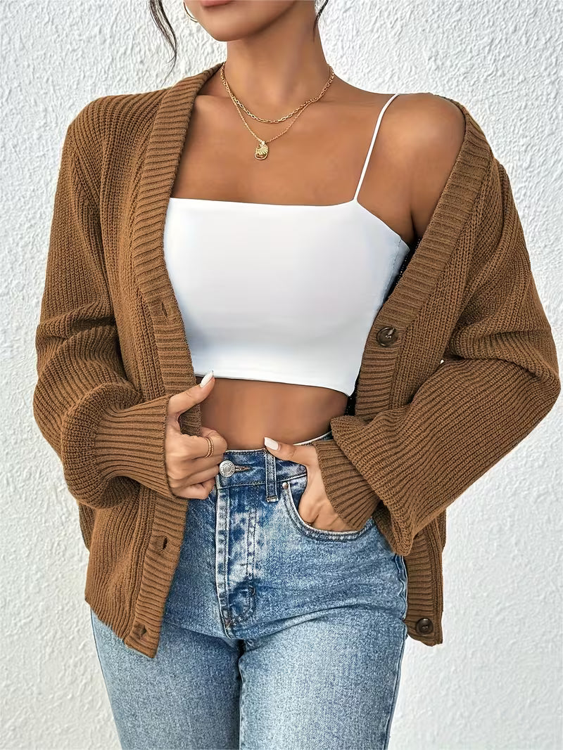 Women's Chunky Ribbed Knit Cardigan with V-Neck