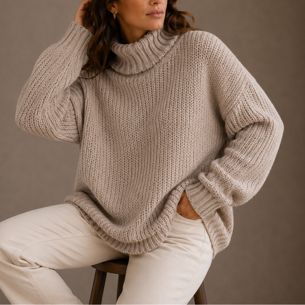 Women's Chunky Turtleneck Knit Jumper with Ribbed Trim