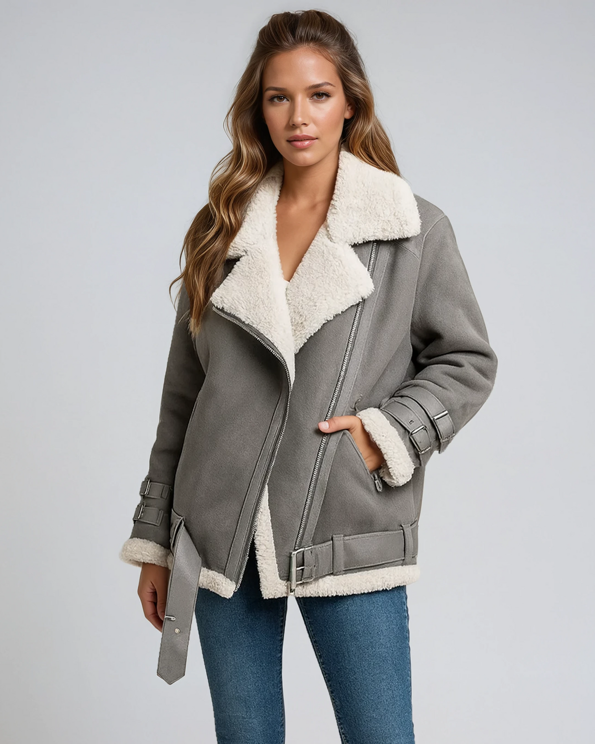 Women's Suede Style Aviator Jacket with Shearling Collar and Belt