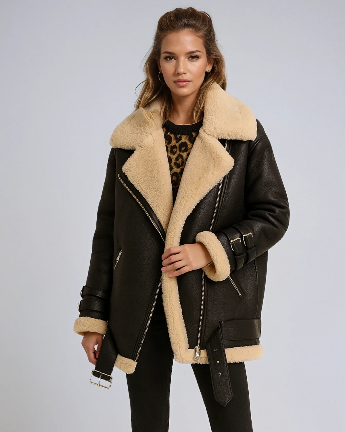 Women's Suede Style Aviator Jacket with Shearling Collar and Belt