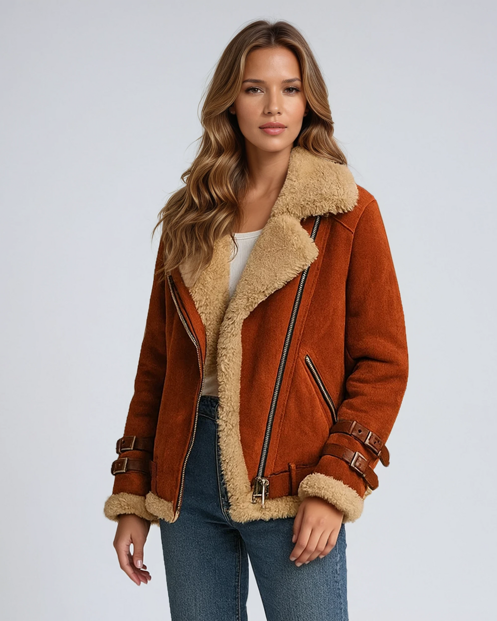 Women's Suede Style Aviator Jacket with Shearling Collar and Belt