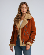 Women's Suede Style Aviator Jacket with Shearling Collar and Belt