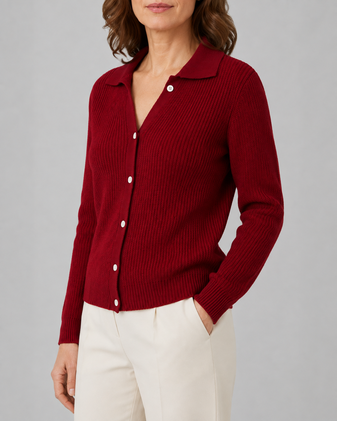 Women's Collared Button Up Ribbed Knit Cardigan