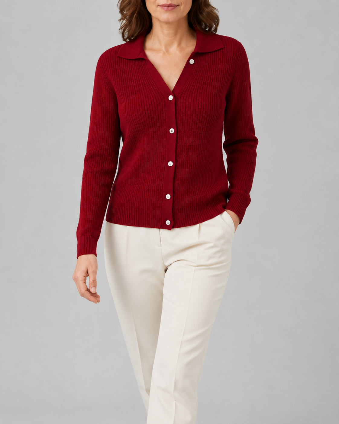 Women's Collared Button Up Ribbed Knit Cardigan