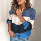 Women's Colour Block Knit Jumper with Crew Neck and Contrast Stitch