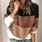 Women's Colour Block Knit Jumper with Crew Neck and Contrast Stitch