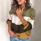 Women's Colour Block Knit Jumper with Crew Neck and Contrast Stitch