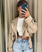 Women's Cropped Belted Trench Coat | Double Breasted Notch Lapel Short Jacket