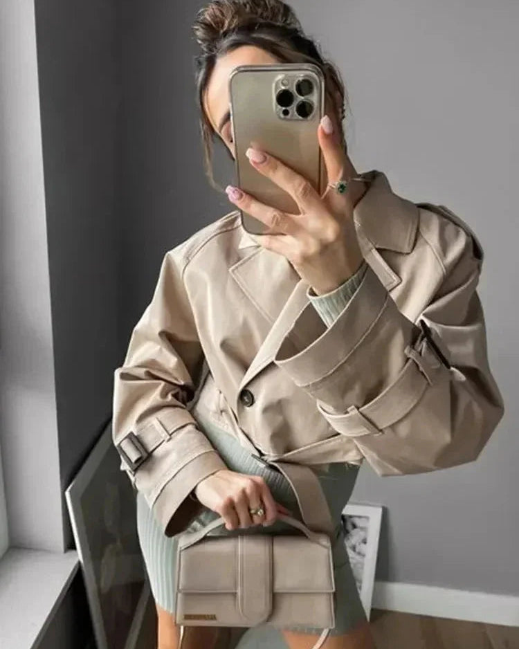Women's Cropped Belted Trench Coat | Double Breasted Notch Lapel Short Jacket
