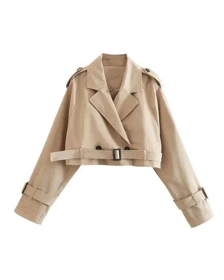 Women's Cropped Belted Trench Coat | Double Breasted Notch Lapel Short Jacket