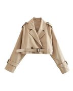 Women's Cropped Belted Trench Coat | Double Breasted Notch Lapel Short Jacket