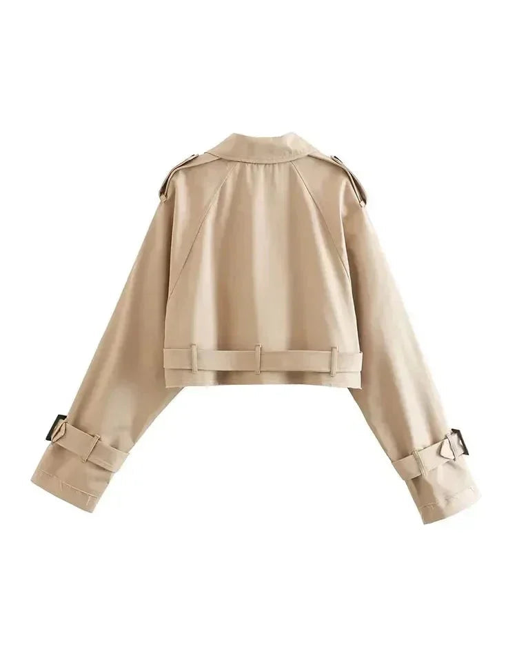 Women's Cropped Belted Trench Coat | Double Breasted Notch Lapel Short Jacket