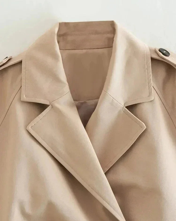 Women's Cropped Belted Trench Coat | Double Breasted Notch Lapel Short Jacket