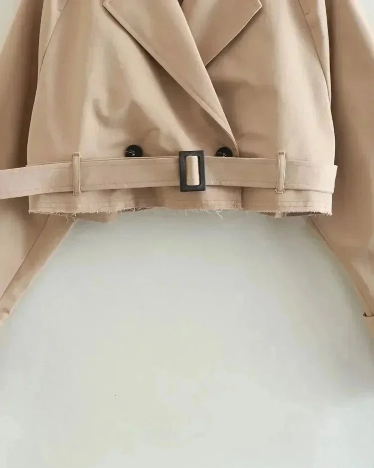 Women's Cropped Belted Trench Coat | Double Breasted Notch Lapel Short Jacket