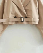 Women's Cropped Belted Trench Coat | Double Breasted Notch Lapel Short Jacket