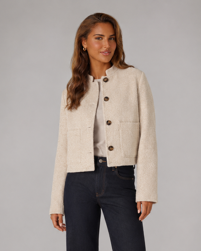 Women's Cropped Bouclé Jacket with Button Front and Patch Pockets