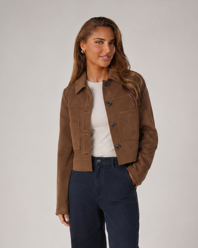 Women's Cropped Bouclé Jacket with Button Front and Patch Pockets