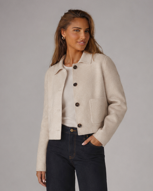 Women's Cropped Bouclé Jacket with Button Front and Patch Pockets