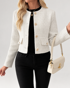 Off white cropped boucle tweed jacket with gold buttons front