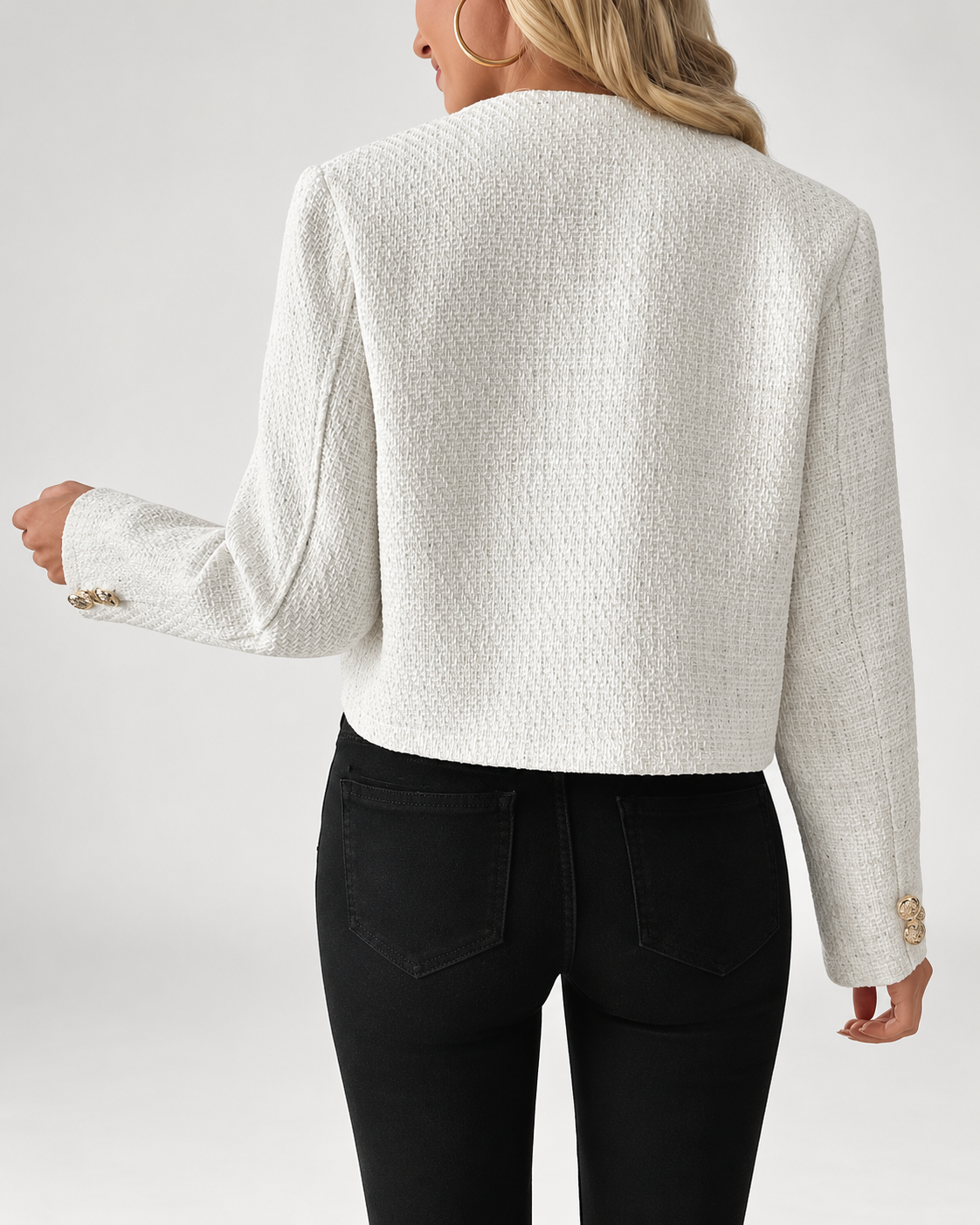 Off white cropped boucle tweed jacket back
