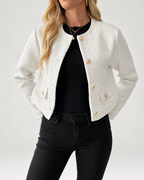 Off white cropped boucle tweed jacket pocket and button detail