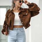 Women's Cropped Corduroy Jacket with Button Front and Collar