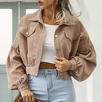 Women's Cropped Corduroy Jacket with Button Front and Collar