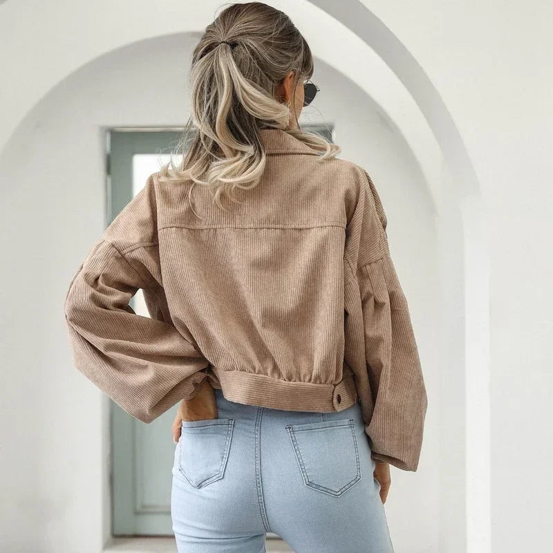 Women's Cropped Corduroy Jacket with Button Front and Collar